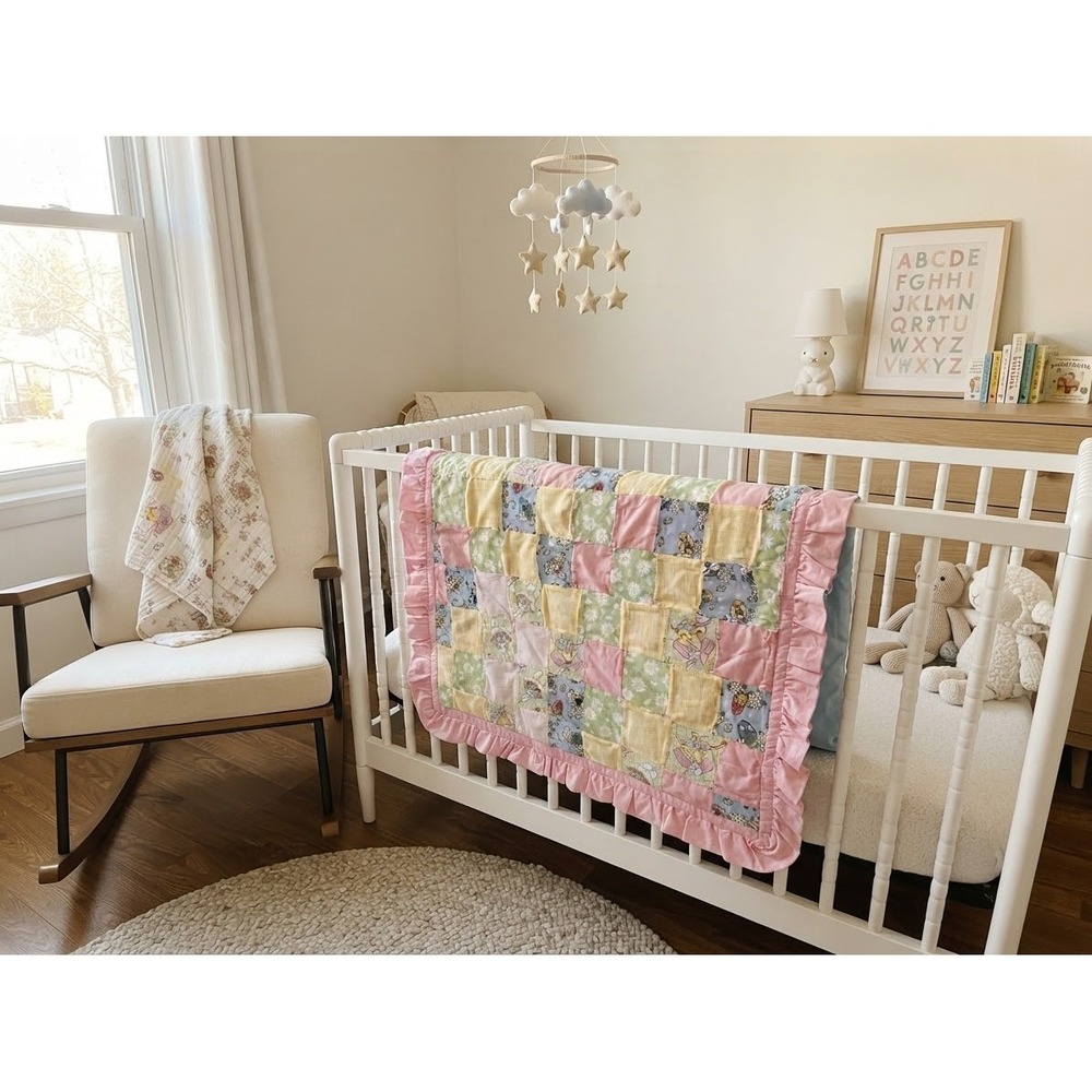 Vintage Handmade Tied Quilt Baby Blanket Pink Blue Yellow Daisy Cottagecore